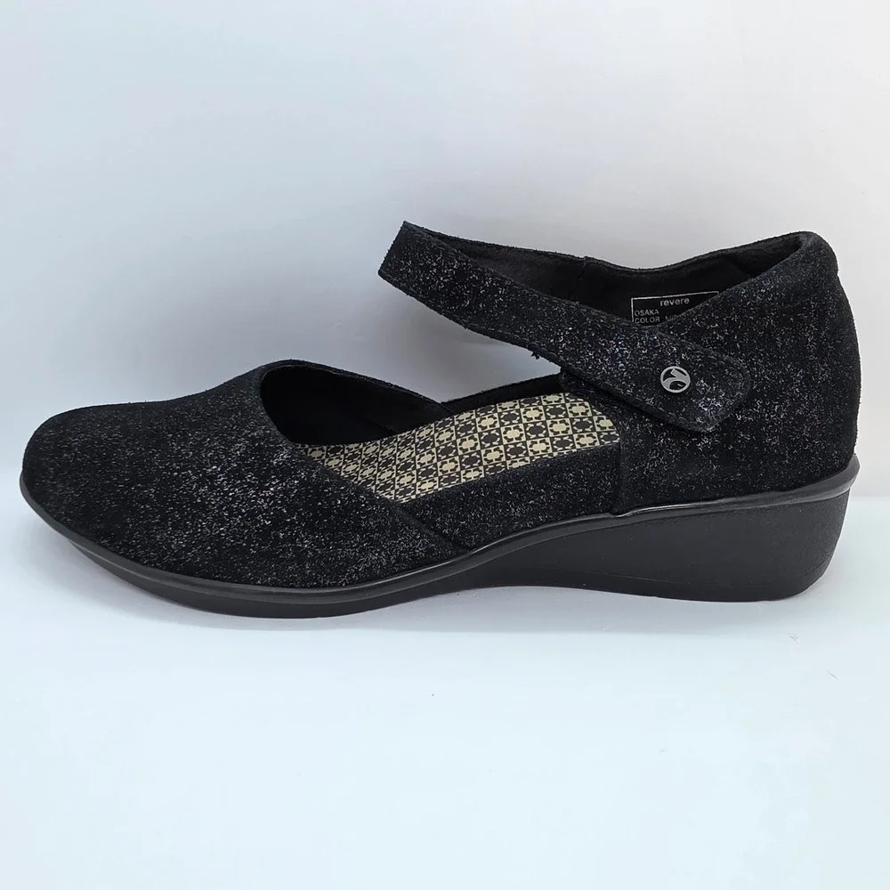 Revere Osaka Midnight Black Shimmer Leather Mary Jane Wedge Shoes US 10M EUR 41